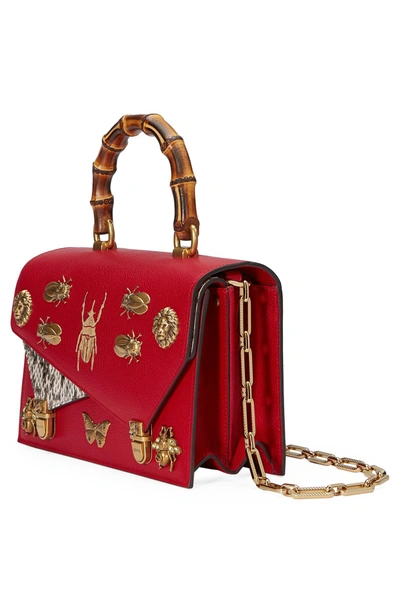 Shop Gucci Small Linea P Painted Insects Leather Top Handle Satchel - Red In Rosso