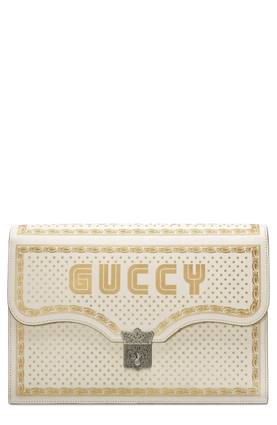 Shop Gucci Guccy Logo Moon & Stars Envelope Clutch - White In Mystic White/ Oro