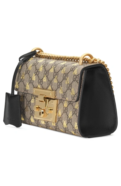 Shop Gucci Small Padlock Gg Supreme Bee Shoulder Bag In Beige Ebony Oro/ Nero