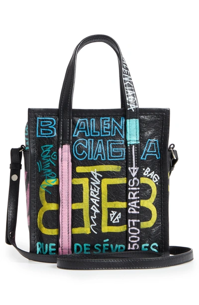 Shop Balenciaga Extra Small Bazar Graffiti Lambskin Shopper In Noir/ Multi Color