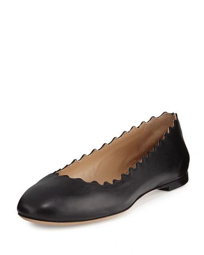 Shop Chloé Lauren Scalloped Leather Ballet Flats In Black