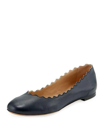 Shop Chloé Lauren Scalloped Leather Ballet Flats In Abyss Blue