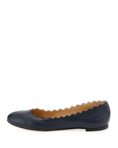 Shop Chloé Lauren Scalloped Leather Ballet Flats In Abyss Blue