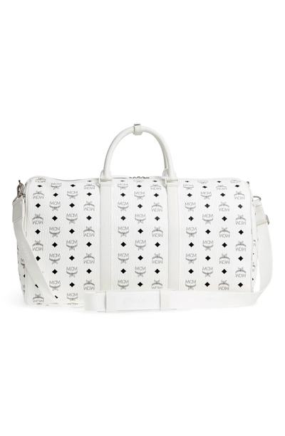 Shop Mcm Large Traveler Visetos Duffel Bag - White