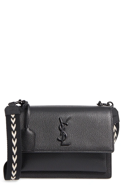 Shop Saint Laurent Medium Sunset Calfskin Shoulder Bag With Woven Guitar Strap - Black In Noir