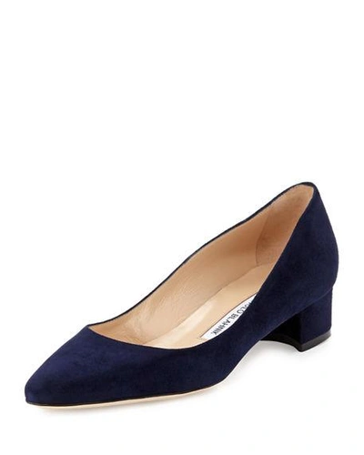 Shop Manolo Blahnik Listony Suede Low-heel Pumps In Navy