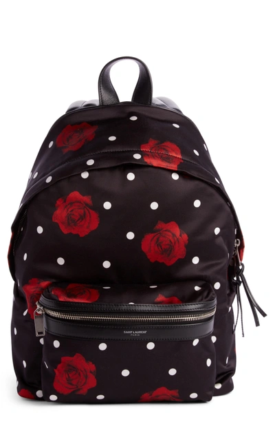 Shop Saint Laurent City Mini Rose Print Satin Backpack - Black In Noir