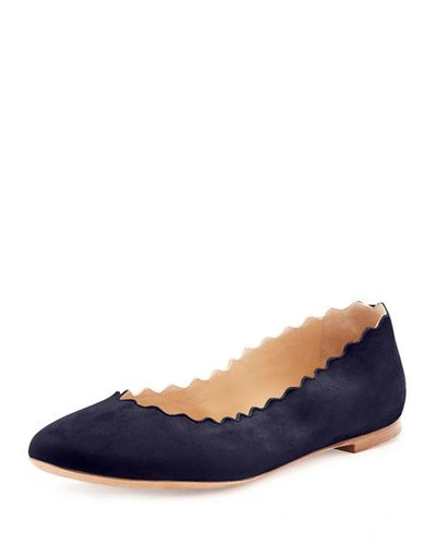 Shop Chloé Scalloped Suede Ballet Flats In Navy