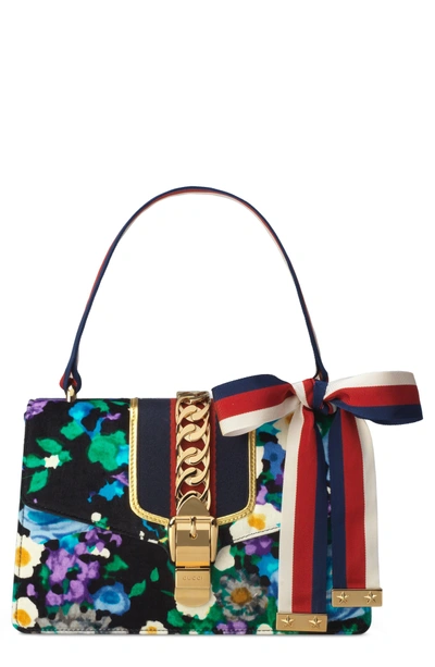 Shop Gucci Small Floral Print Leather Shoulder Bag - Black In Black/ Blue Red Blue