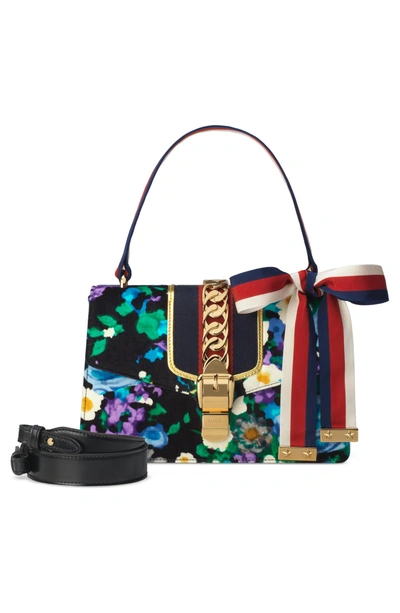 Shop Gucci Small Floral Print Leather Shoulder Bag - Black In Black/ Blue Red Blue