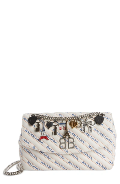 Shop Balenciaga Medium Bb Round Logo Charm Crossbody Bag - White In Blanc/ Bleu/ Orange