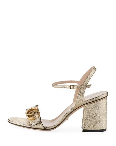 Gucci Marmont Logo-embellished Metallic Cracked-leather Sandals In Gold