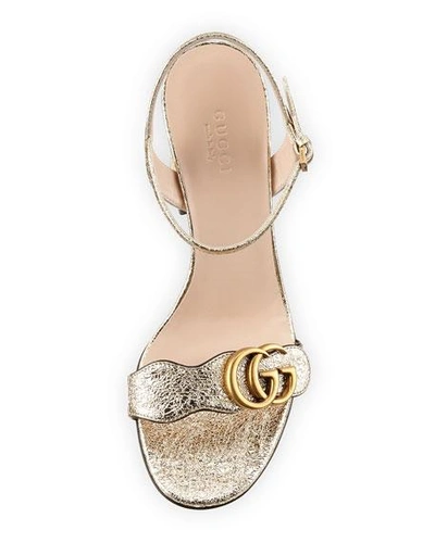 Gucci Marmont Logo-embellished Metallic Cracked-leather Sandals In Gold