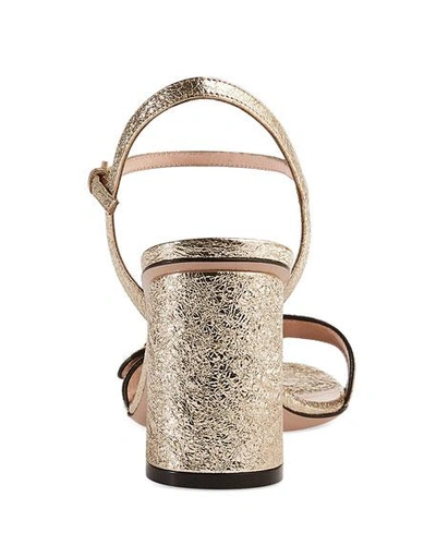 Gucci Marmont Logo-embellished Metallic Cracked-leather Sandals In Gold