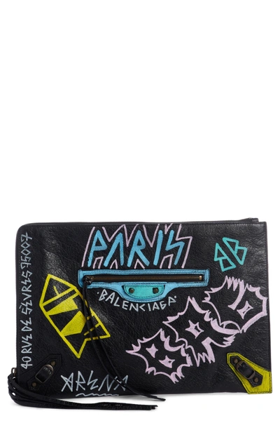 Shop Balenciaga Classic Graffiti Leather Pouch - Black In Noir/ Multi Color