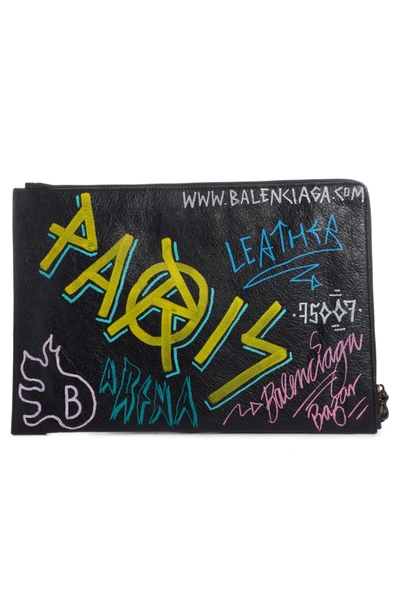 Shop Balenciaga Classic Graffiti Leather Pouch - Black In Noir/ Multi Color