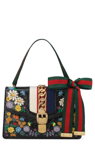 Shop Gucci Small Sylvie Floral Embroidered Leather Top Handle Shoulder Bag - Black In Nero Multi