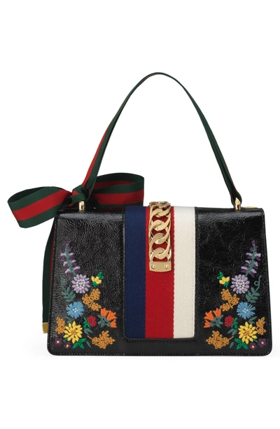 Shop Gucci Small Sylvie Floral Embroidered Leather Top Handle Shoulder Bag - Black In Nero Multi