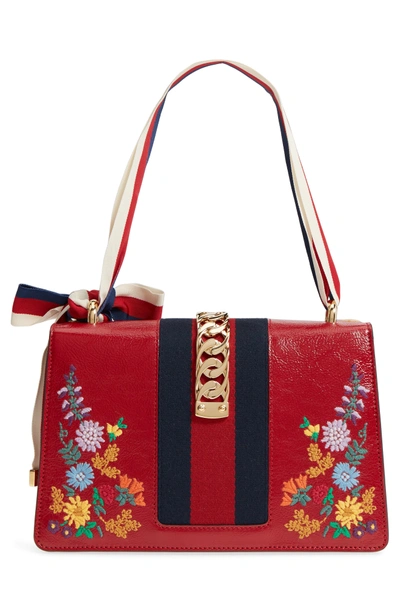 Shop Gucci Small Sylvie Floral Embroidered Leather Top Handle Shoulder Bag - Red In Hibiscus Red Multi/ Blue