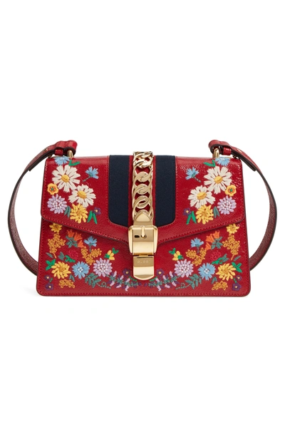 Shop Gucci Small Sylvie Floral Embroidered Leather Top Handle Shoulder Bag - Red In Hibiscus Red Multi/ Blue