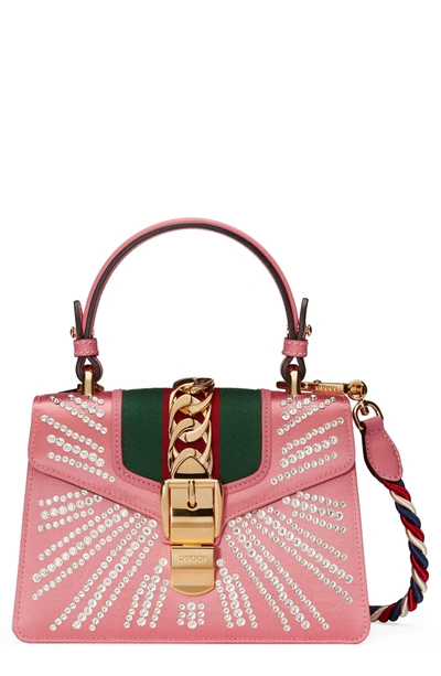 Shop Gucci Mini Sylvie Crystal Burst Top Handle Leather Shoulder Bag - Pink In Peony/ Crystal/ Mystic White