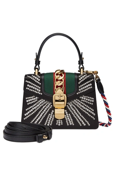 Shop Gucci Mini Sylvie Crystal Burst Top Handle Leather Shoulder Bag - Black In Nero/ Crystal/ Mystic White