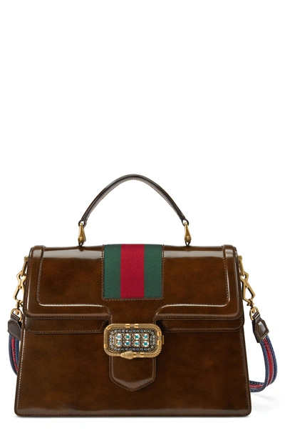 Shop Gucci Linea Crystal Clasp Leather Satchel - Brown In Tobacco Moro/ Vert Red