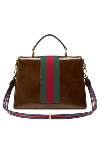 Shop Gucci Linea Crystal Clasp Leather Satchel - Brown In Tobacco Moro/ Vert Red
