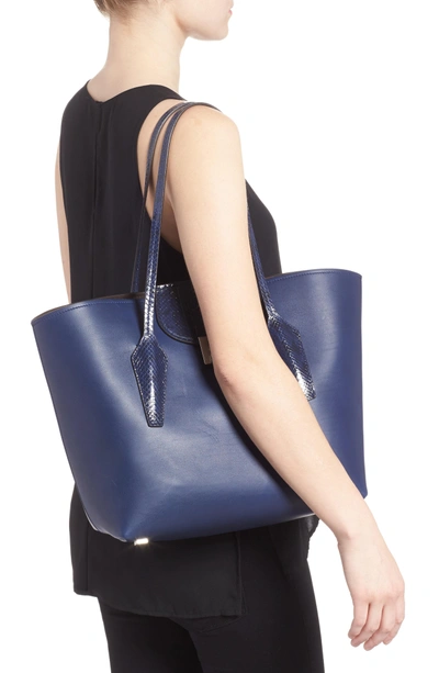 Shop Michael Kors Large Bancroft Leather Tote With Genuine Snakeskin Trim - Blue In Sapphire