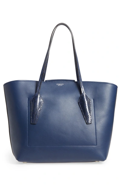 Shop Michael Kors Large Bancroft Leather Tote With Genuine Snakeskin Trim - Blue In Sapphire