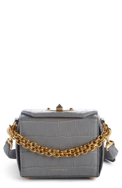 Shop Alexander Mcqueen Mini Box Croc-embossed Leather Bag - Grey In Smog