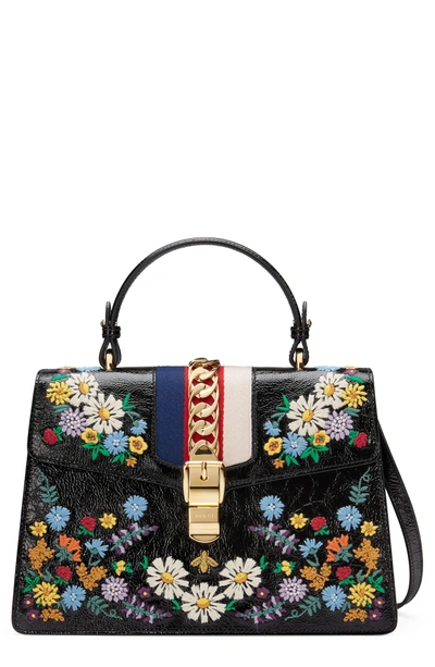 Shop Gucci Medium Sylvie Floral Embroidered Top Handle Leather Shoulder Bag In Nero Multi