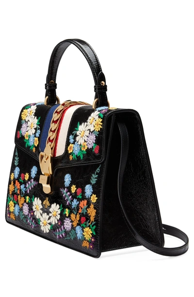 Shop Gucci Medium Sylvie Floral Embroidered Top Handle Leather Shoulder Bag In Nero Multi