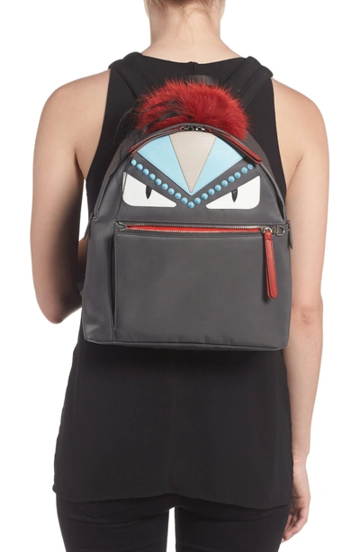 Shop Fendi Monster Genuine Fur Trim Nylon Backpack - Grey In Steel/pimento/multi