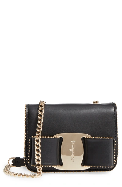 Shop Ferragamo Mini Vara Studded Leather Shoulder Bag - Black In Nero/ Bonbon