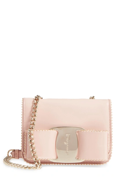 Shop Ferragamo Mini Vara Studded Leather Shoulder Bag - Pink In Bonbon/ Nero