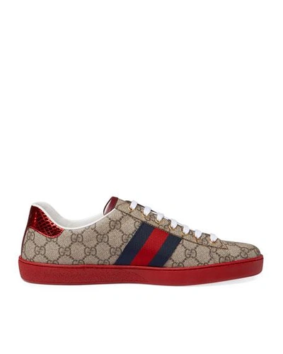 Shop Gucci Men's Ace Gg Supreme Sneakers In Beige/red