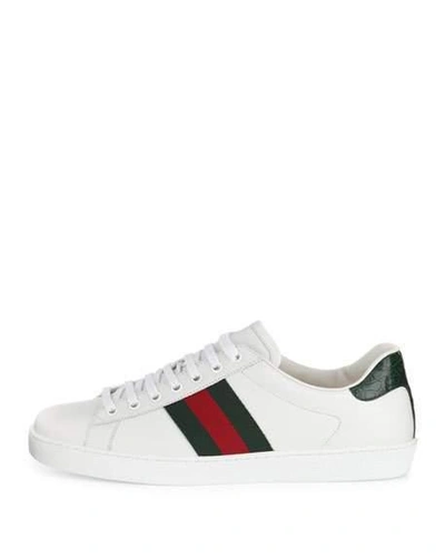 Shop Gucci Men's New Ace Leather Low-top Sneakers In White/red/green