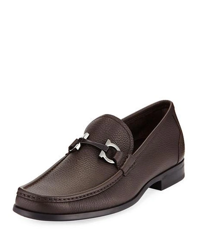 Shop Ferragamo Men's Grandioso Grained Calfskin Gancini Loafer In Brown