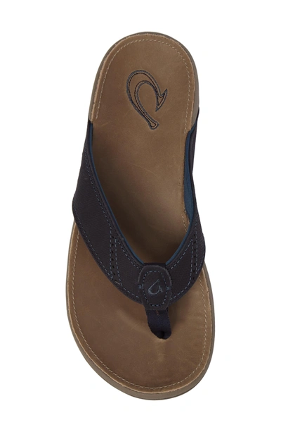 Shop Olukai 'nui' Leather Flip Flop In Trench Blue/ Clay Leather
