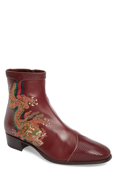 Shop Gucci Dragon Leather Boot In Bordeaux