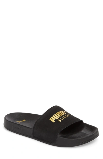 Puma Leadcat Suede Slide Sandals In Black/ Gold Leather/ Suede | ModeSens
