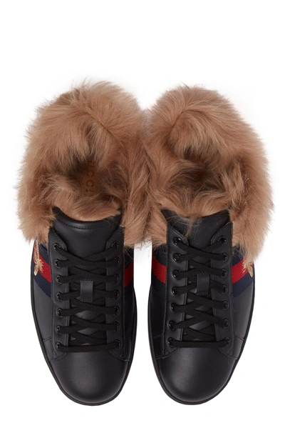 Shop Gucci New Ace Genuine Shearling Trim Sneaker In Black