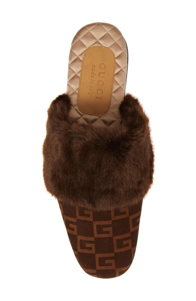 Shop Gucci Square-g Faux Fur Slipper In Brown/ Sigaro