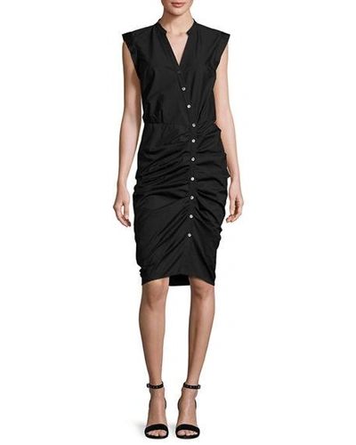 Veronica Beard Sleeveless Button-down Ruched Dobby Cotton Shirtdress In Black