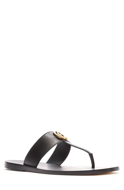 Shop Gucci Marmont Double G Leather Thong Sandal In Black/ Gold