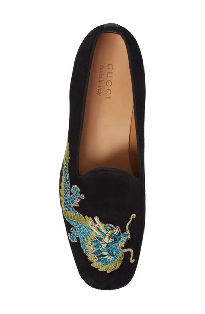 Shop Gucci Dragon Embroidered Suede Loafer In Black Suede