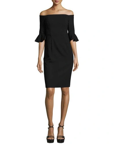 Shop Black Halo Flutter-sleeve Off-the-shoulder Sheath Dress In Black