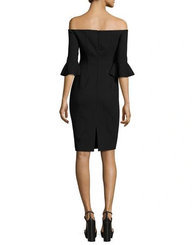 Shop Black Halo Flutter-sleeve Off-the-shoulder Sheath Dress In Black