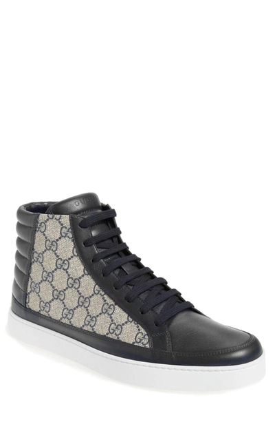 Shop Gucci 'common' High Top Sneaker In Blue / Beige Leather/ Fabric